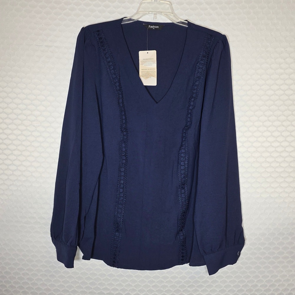 Fashion Navy Blue V-Neck Lace Trim Blouse Long Sleeve Top XL NWT